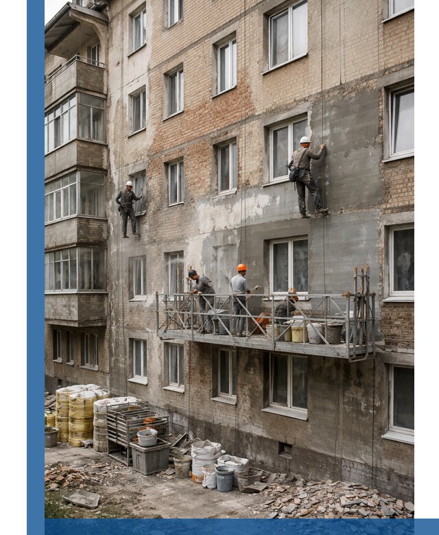 Капитальный ремонт фасада в Горном-Алтайске с восстановлением и гидроизоляцией