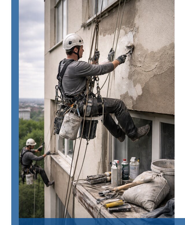 Косметический ремонт фасада зданий в Горном-Алтайске промышленными альпинистами
