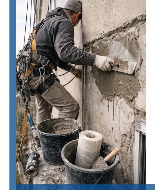 Ремонт бетонных элементов фасада промышленными альпинистами в Горном-Алтайске