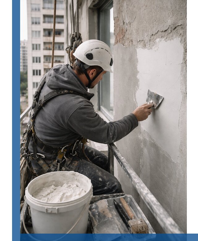 Шпаклевка фасадов на высоте с промальпинистами в Горном-Алтайске