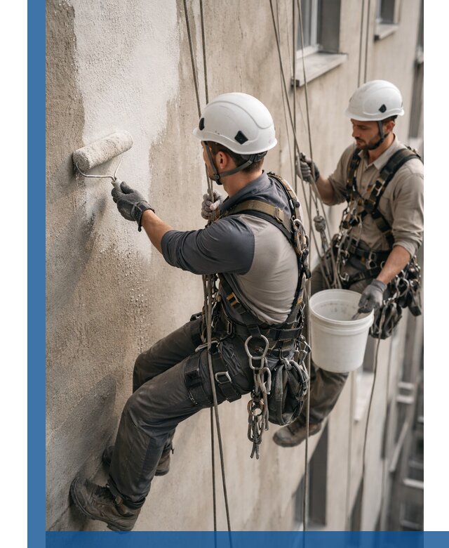 Грунтовка фасада на высоте в Горном-Алтайске промышленными альпинистами