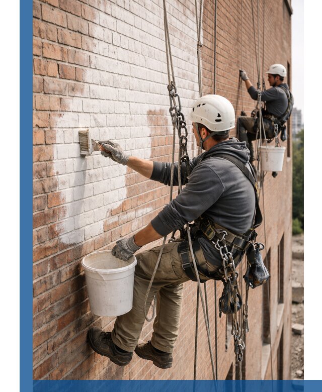 Покраска кирпичного фасада с доступным альпинистским сервисом в Горном-Алтайске