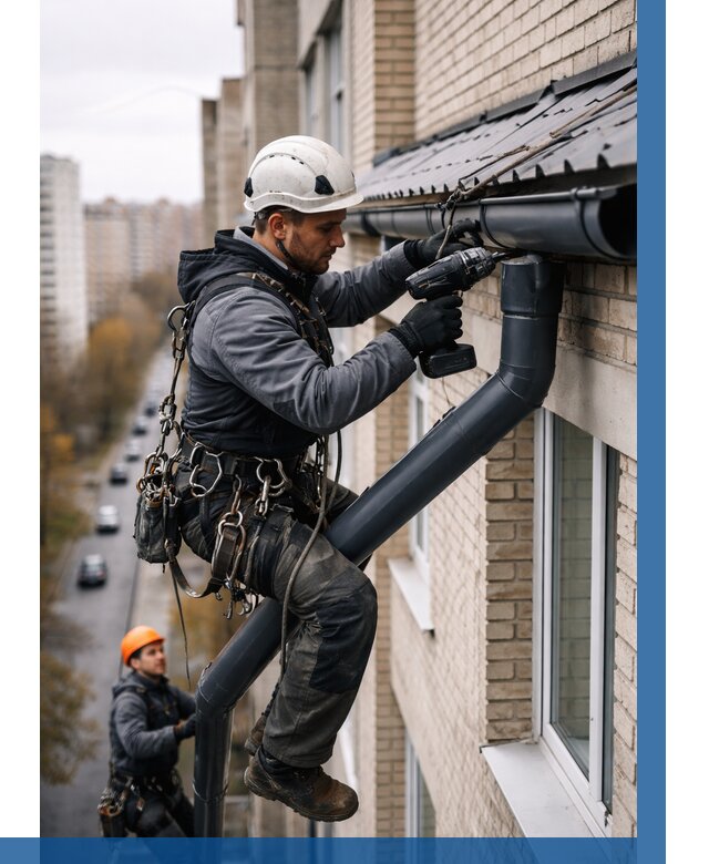 Монтаж водосточной системы на здании в Горном-Алтайске от 5184 р. | ВЫСОТНИК-Грн