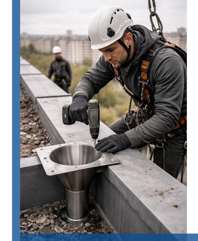 Монтаж водосточных воронок в Горном-Алтайске для промышленных зданий