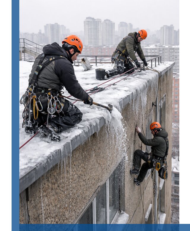 Удаление наледи с кровли в Горном-Алтайске промышленными альпинистами