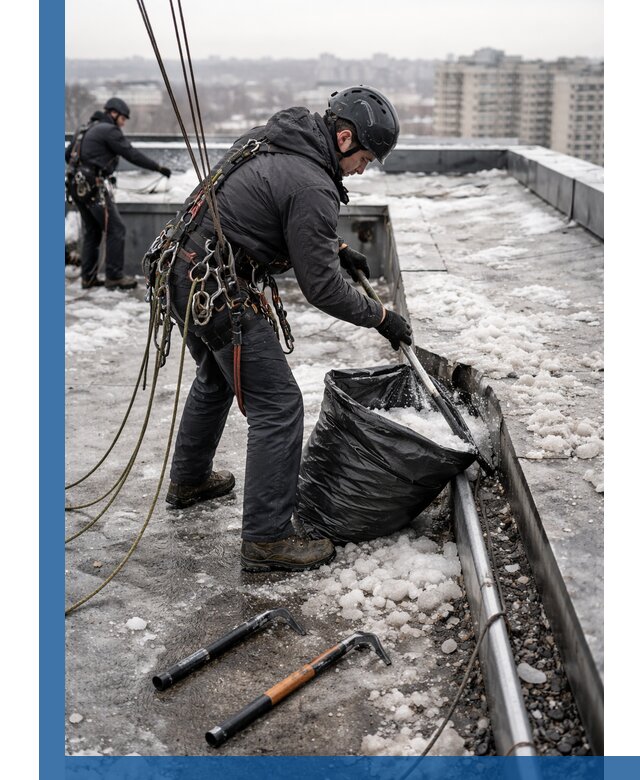 Аварийная очистка кровли в Горном-Алтайске от промальпинистов
