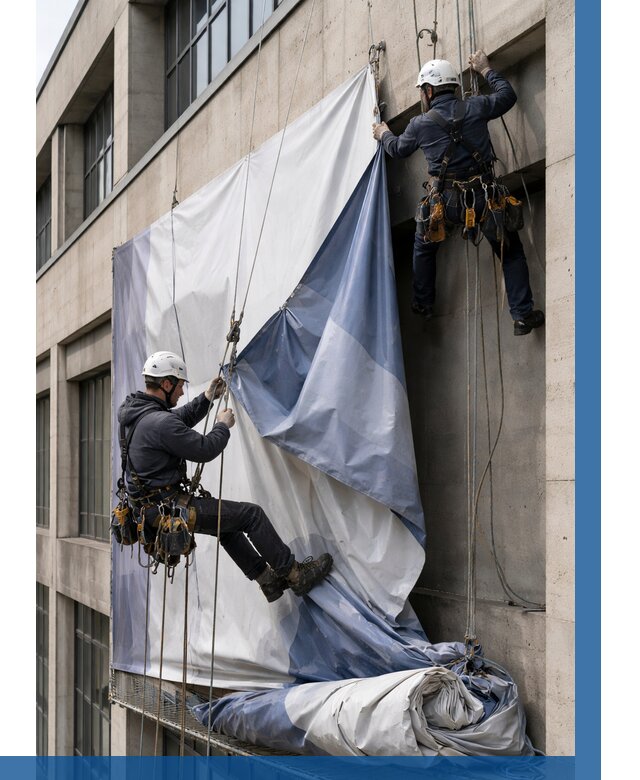 Демонтаж баннеров с фасада в Горном-Алтайске от 4666 р. | ВЫСОТНИК-Грн