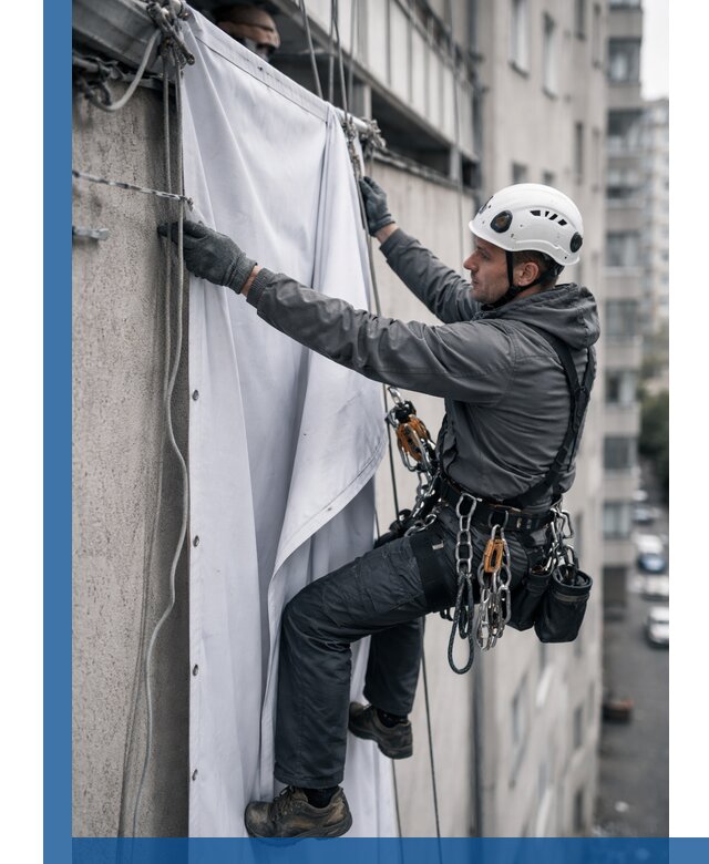 Замена баннерного полотна промышленными альпинистами в Горном-Алтайске
