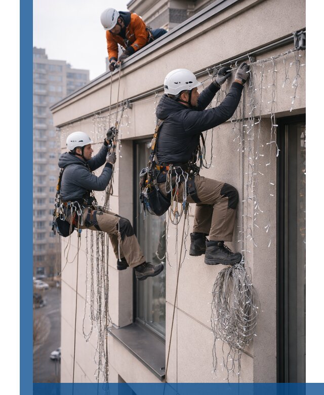 Монтаж праздничных гирлянд на фасаде в Горном-Алтайске для зданий