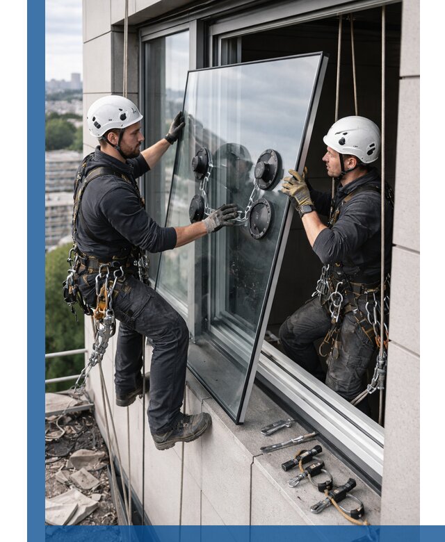 Замена стеклопакетов на высоте с промышленными альпинистами в Горном-Алтайске