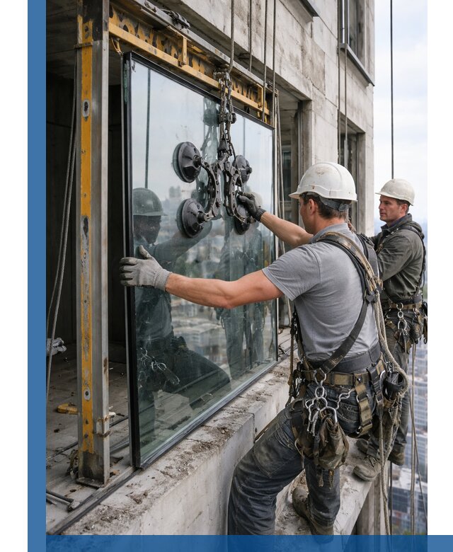 Монтаж стеклопакетов на высоте в Горном-Алтайске с промышленным альпинизмом