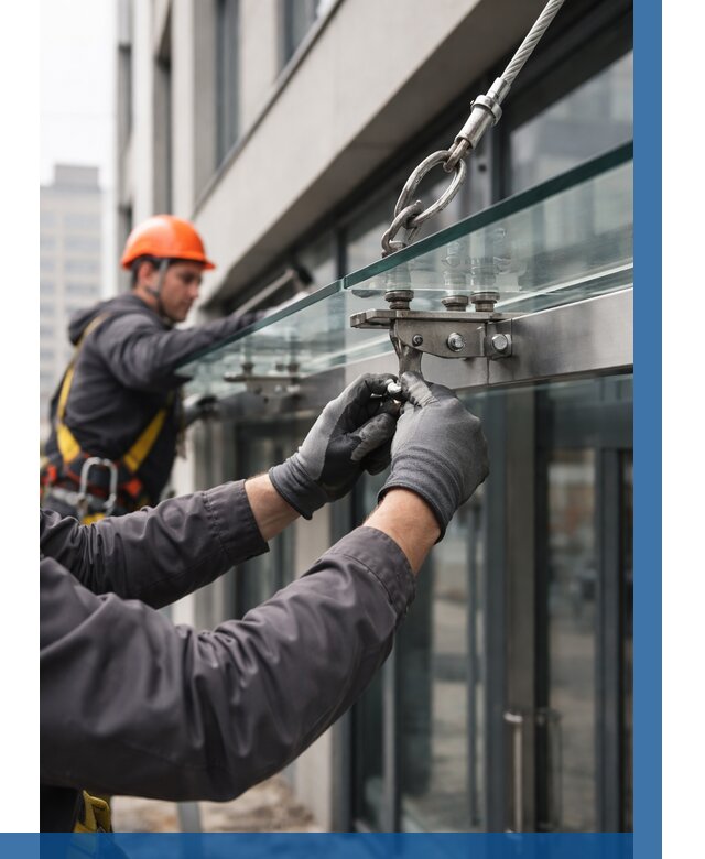 Монтаж стеклянных козырьков в Горном-Алтайске от 8813 р. | ВЫСОТНИК-Грн