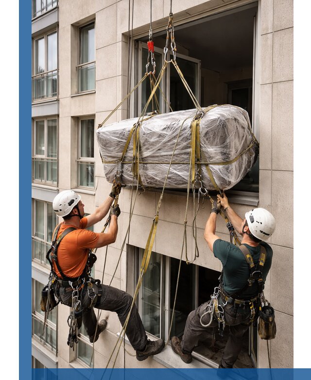Подъем грузов через окно в Горном-Алтайске промышленными альпинистами