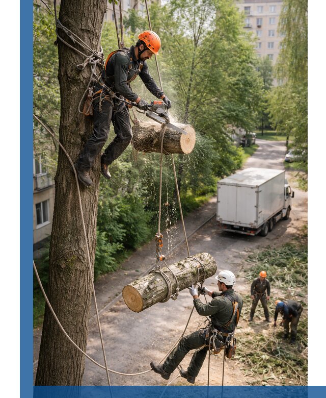 Спил деревьев альпинистами в Горном-Алтайске, безопасно и без повреждений