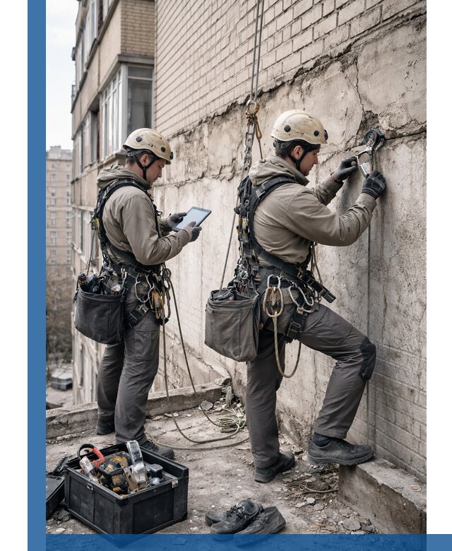 Обследование фасада промышленными альпинистами в Горном-Алтайске